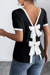 Women's Backless Bow T Shirts Short Sleeve Crewneck Open Back Knit Tops Casual Summer Tees
