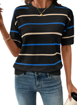 Women's Crewneck Short Sleeve Knit Striped Tops