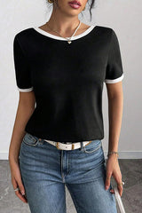 Women's Backless Bow T Shirts Short Sleeve Crewneck Open Back Knit Tops Casual Summer Tees