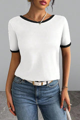 Women's Backless Bow T Shirts Short Sleeve Crewneck Open Back Knit Tops Casual Summer Tees