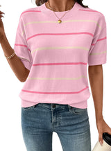Women's Crewneck Short Sleeve Knit Striped Tops