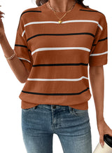 Women's Crewneck Short Sleeve Knit Striped Tops