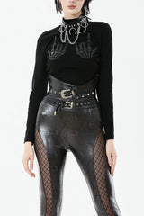 Punk Skeleton Hand Leather Appliqué Embroidered Mock Neck Tee