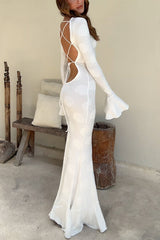 Heididress Bell Long Sleeves Backless Lace-up Shell Print Maxi Dress