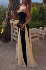 Heididress Spaghetti Strap Low Cut Color Block Swing Maxi Dress