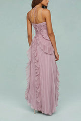 Heididress Strappy Halter Neck Ruffle Trim Asymmetric Hem Pleated Maxi Dress