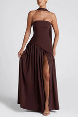 Heididress Strapless Back Lace-up High Slit Splice Maxi Dress