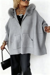 Dolman Sleeves Zipper Up Pocketed Jacket with Faux Fur Hood