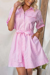 Rolled Up Sleeves Bow Waist Pocketed Mini Shift Dress