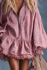 Elegant Western Hooded Front Zipper Ruffled Hem Pink Leopard Print Fuax Suede Mini Dress