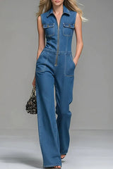 Women's Casual 100% Cotton Zipper Denim Jumpsuit