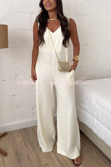 Elaris Linen Blend V-neck Tie-up Waist Pocketed H-line Wide Leg Jumpsuit