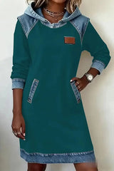 Daily White Hooded Long Sleeve Contrast Casual Pocket Denim Midi Dresses