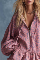 Elegant Western Hooded Front Zipper Ruffled Hem Pink Leopard Print Fuax Suede Mini Dress