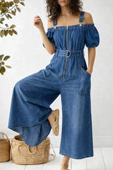 Women's Casual Denim Cotton Jumpsuit With Adjustable Shoulder Straps