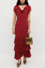 Vintage Red Polka Dot Ruffle Maxi Dress β Romantic Boho Summer Dress with Tiered Hem
