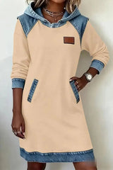 Daily White Hooded Long Sleeve Contrast Casual Pocket Denim Midi Dresses