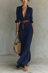 Heididress Lapel Long Sleeves Button Up Maxi Dress With Belt
