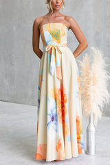 Strapless Bow Waist Floral Print Swing Maxi Dress