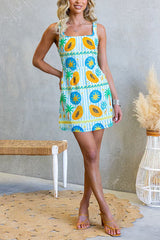 Square Neck Sleeveless Tropic Print Mini Dress