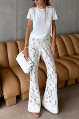 Heididress Elastic Waist Bell Bottoms Lace Hollow Out Pants