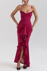 Heididress Spaghetti Strap Frill Trim Draped Slit Maxi Dress