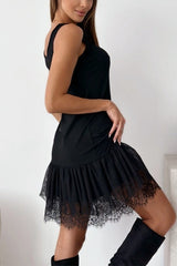Sleeveless Patchwork Ruffle Hem Mini Matching Dress