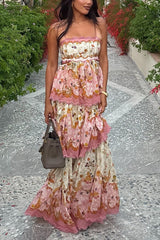 Heididress Spaghetti Strap Back Lace-up Ruffle Layered Floral Print Maxi Dress