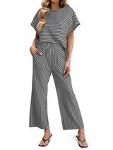 Striped Short Sleeve T-Shirts Wide Leg Pants Two Piece Set (Buy 2 Free Shipping)