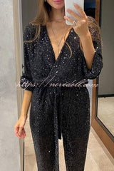 Cheers To You Sequin Long Sleeve Belted Wrap Loose Jumpsuit