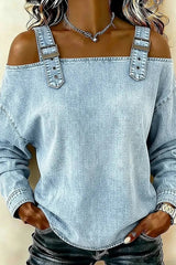 Daily Blue Off The Shoulder Long Sleeve Casual Denim Shirt