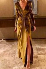 Heididress Deep V Neck Slit Ruched Velvet Party Dress(5 Colors Available)