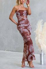 Spaghetti Strap Floral Print Mesh Overlay Maxi Dress