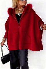 Dolman Sleeves Zipper Up Pocketed Jacket with Faux Fur Hood