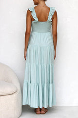 Heididress V Neck Ruffle Trim Tiered Sleeveless Linen Maxi Dress