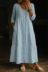 Women's Solid Color Casual V-neck Cotton Linen Long Dress