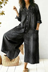 Women's Cozy And Casual Denim Jumpsuit With Large Front Pockets