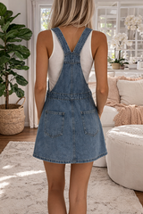 Vintage Washed Denim Overall Mini Dress – Casual A-Line Suspender Dress