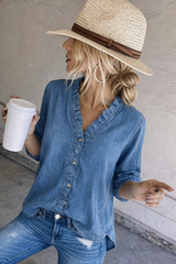 Women's Casual Denim V-Neck Ruffled Shirt