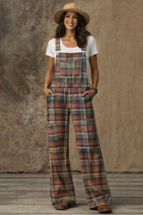 Vintage Plaid Overall Jumpsuit – Relaxed Wide Leg Casual Bib Pants