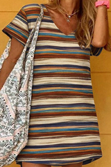 Boho Stripe Loose Mini Dress for Women β Casual Summer Round Neck Short Sleeve Beach Dress
