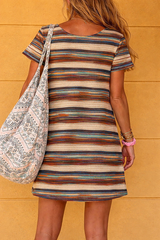 Boho Stripe Loose Mini Dress for Women β Casual Summer Round Neck Short Sleeve Beach Dress
