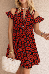 Women's Boho Floral Mini Dress β Red Daisy Print, Ruffle Sleeve, Loose Fit Summer Casual Dress