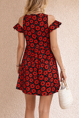 Women's Boho Floral Mini Dress β Red Daisy Print, Ruffle Sleeve, Loose Fit Summer Casual Dress