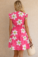 Women’s Pink Print Mini Dress – V Neck Ruffle Sleeve Drawstring Waist Summer Vacation Dress