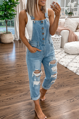 Distressed Denim Overalls for Women – Casual Loose Fit Bib Jumpsuit with Pockets