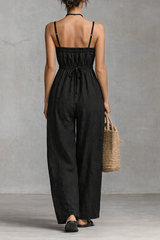 Strappy Cinched Waist Wide Leg Jumpsuit – Flowy Linen Summer One Piece