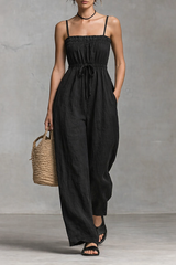 Strappy Cinched Waist Wide Leg Jumpsuit – Flowy Linen Summer One Piece
