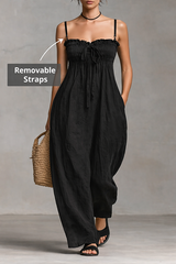 Strapless Linen Wide-Leg Jumpsuit with Removable Straps & Smocked Bodice