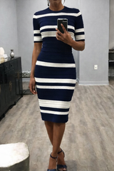 Elegant Striped Knit Midi Dress – Women's Slim Fit Bodycon Dress